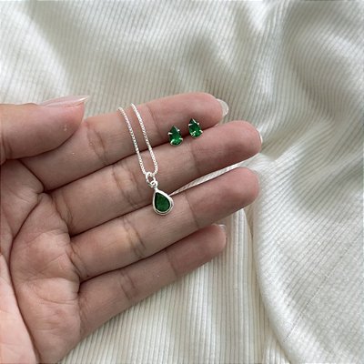 Conjunto Ponto de Luz Gota Verde - Prata 925