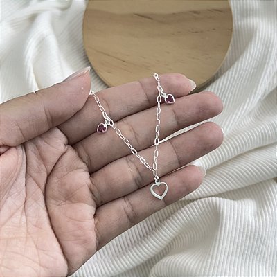 Pulseira Infantil com Corações Rosa - Prata 925