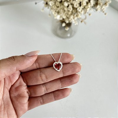 Colar Coração Vermelho com Borda Cravejada - Prata 925