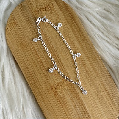 Pulseira 5 Corações Cristal - Prata 925