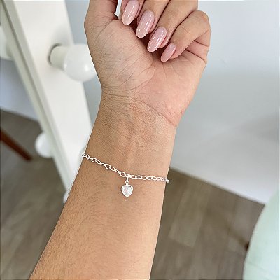 Pulseira Elos com Coração Cristal - Prata 925