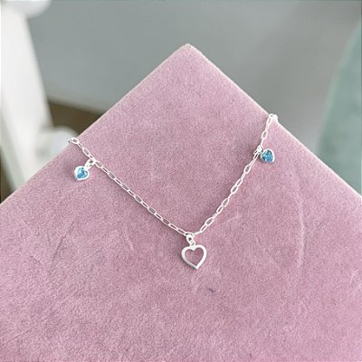 Pulseira Corações Vazado e Azul Claro - Prata 925