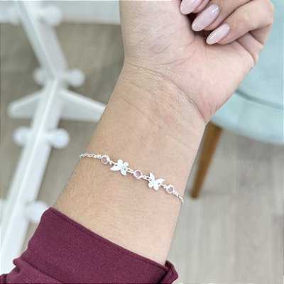 Pulseira Ponto de Luz Rosa e Borboletas - Prata 925