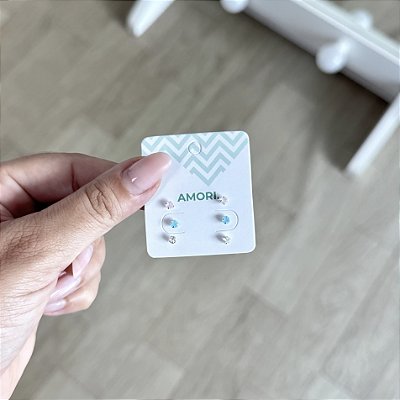 Mini Trio de Brincos com Zircônias Coloridas - Prata 925