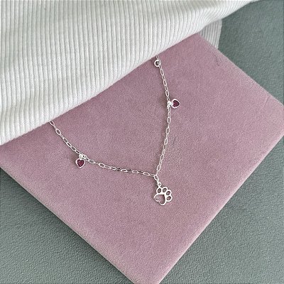 Pulseira Pet com Corações Rosa - Prata 925