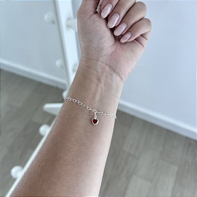 Pulseira Mini Corações com Pingente de Coração Vermelho - Prata 925