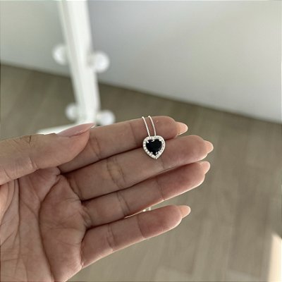 Colar Coração Azul com Borda Cravejada - Prata 925