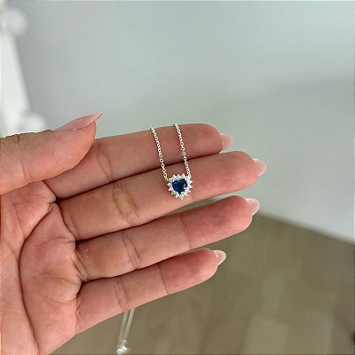 Colar Coração Cravejado Azul - Prata 925