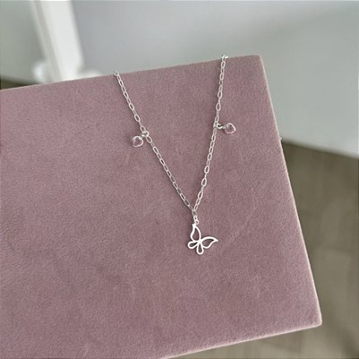 Pulseira Borboleta com Corações Rosas - Prata 925