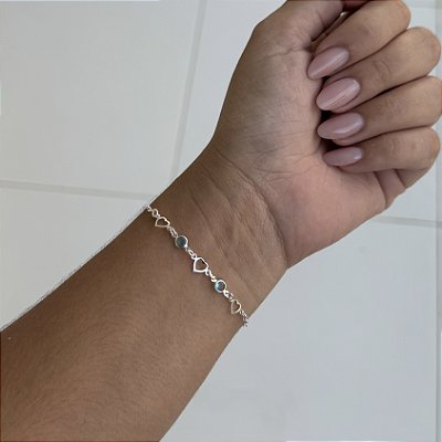 Pulseira Corações Vazados e Pontos de Luz - Prata 925