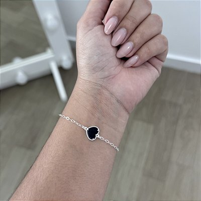 Pulseira Coração Preto em Madrepérola - Prata 925