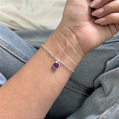 Pulseira com Coração Roxo - Prata 925