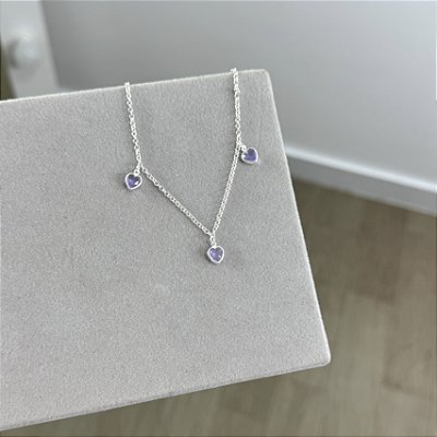 Pulseira 3 Corações Lilás - Prata 925