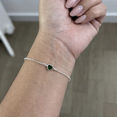 Pulseira Elos com Coração Verde - Prata 925
