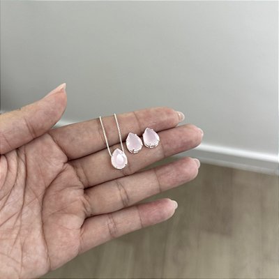 Conjunto Gota Rosa Fosco - Prata 925