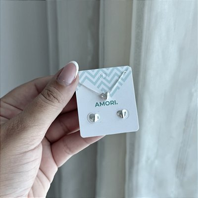 Conjunto Coração Boleado Pequeno - Prata 925
