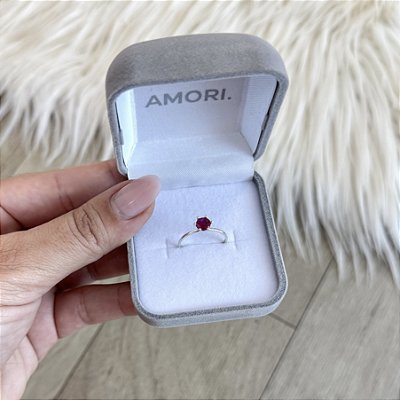 Anel Solitário Rosa - Prata 925