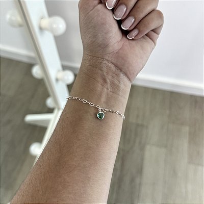 Pulseira Mini Corações com Coração Verde - Prata 925