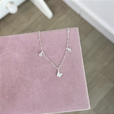 Pulseira Borboleta Origami com Corações Cristais - Prata 925