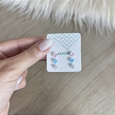 Trio de Brincos Corações Coloridos - Prata 925