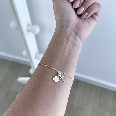 Pulseira Elo Português N Sra Aparecida e Cruz - Prata 925