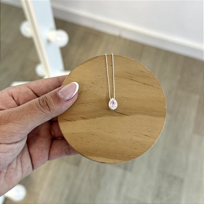 Colar Gota Central Cravejado Rosa - Prata 925