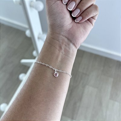 Pulseira Elos com Coração Rosa - Prata 925
