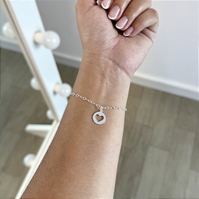 Pulseira Plaquinha Coração Vazado - Prata 925