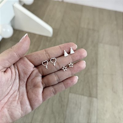 Trio de Brincos N Sra Aparecida, Estrela e Coração - Prata 925