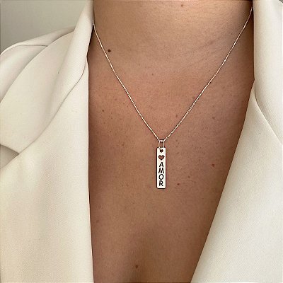 Colar Com Pingente Plaquinha Amor  - Prata 925