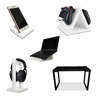 Setup Gamer Kit Spark Mesa Preto/Preto + Suporte para Controle Headset Notebook e Celular Branco