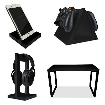 Setup Gamer Kit Spark Mesa Preto/Preto + Suporte para Controle Headset e Celular Preto