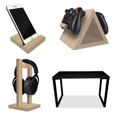Setup Gamer Kit Spark Mesa Preto/Preto + Suporte para Controle Headset e Celular Jade