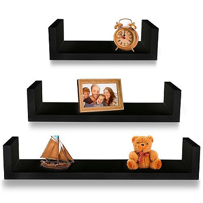 Conjunto 3 Prateleiras Decorativas de Parede Uver em MDP - Preto