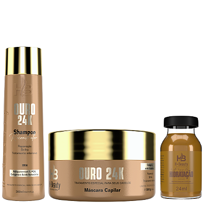 KIT OURO 24K (Shampoo reconstrutor 24k, máscara reconstrutora 24k e ampola de ouro)