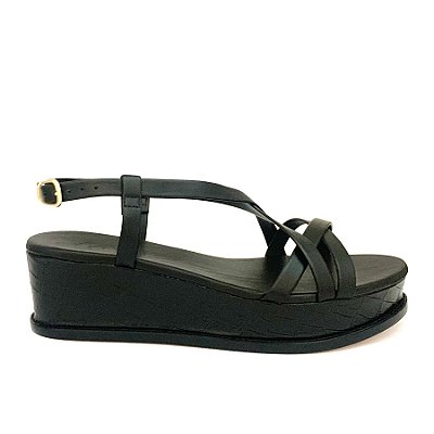 Sandália Flatform Acácia Croco Preta Anas