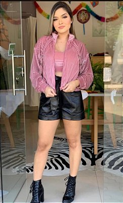 Jaqueta com cropped em veludo rosa