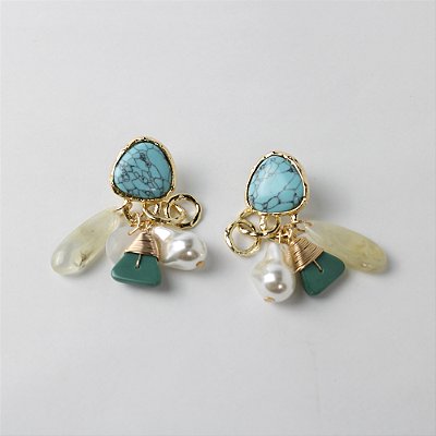 Brinco Metal Max com Pedra Turquesa e Pingentes