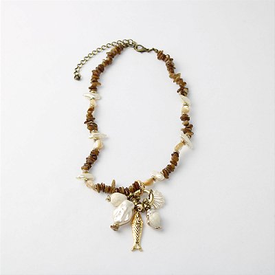 Colar Curto com Pedras e Cordão Trançado