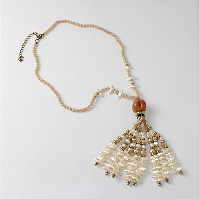 Colar Metal Longo Pérola e Bege