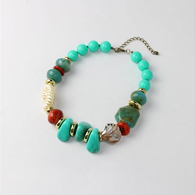 Colar Metal Curto Pérola e Turquesa