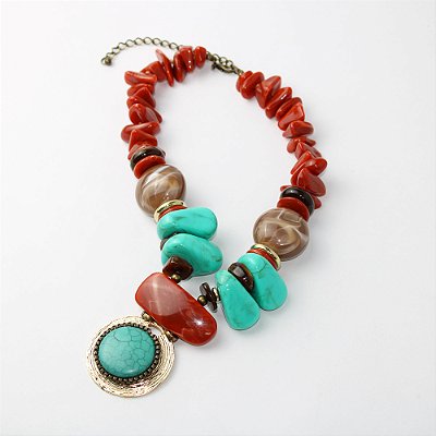 Colar Metal Curto Coral e Turquesa