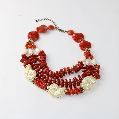 Colar Metal 3 Voltas Pérola e Coral