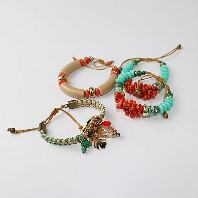 Kit Pulseiras Metal com 4 Peças Turquesa e Coral