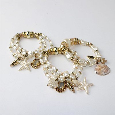 Kit Pulseiras Metal com 3 Peças Pérola e Dourado