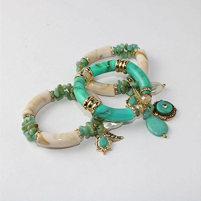 Kit Pulseiras Metal com 3 Peças Bege e Turquesa