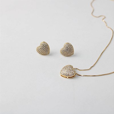 Conjunto Colar e Brincos Coração Cravejado com Zircônias