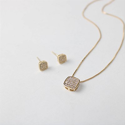 Conjunto Colar e Brincos Quadrado Cravejado com Zircônias