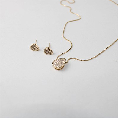 Conjunto Colar e Brincos Gota Cravejado com Zircônias