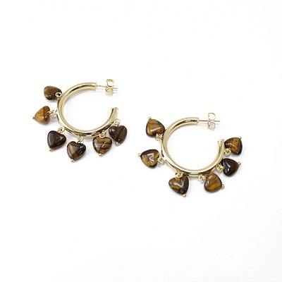 Brinco Argola Dourada com Pingentes de Coração Olho de Tigre